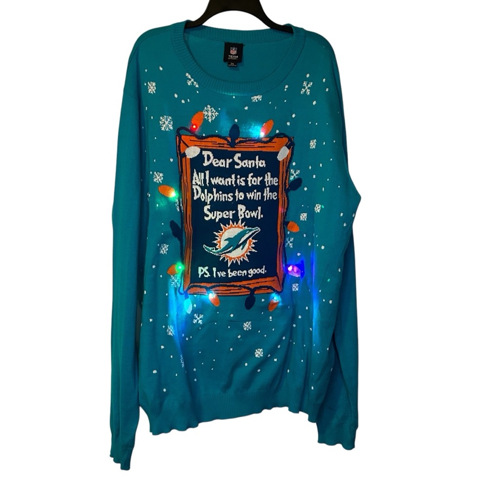 NFL Team Apparel Miami Dolphins Light Up Christmas Sweater Size 2XL